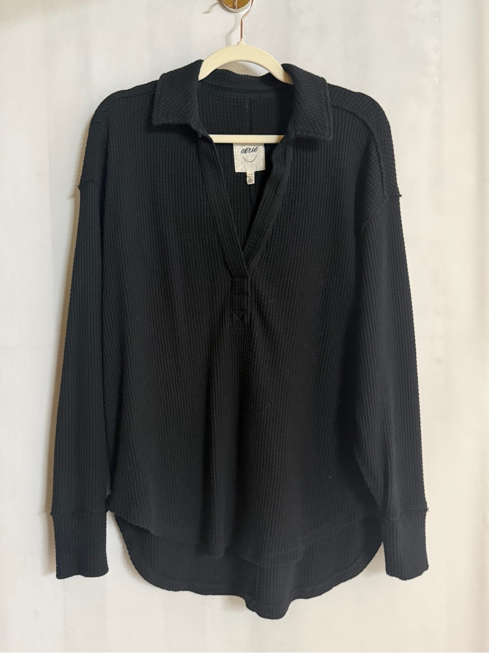 Aerie Black Waffle Knit Oversized Collared Pullover Top Small